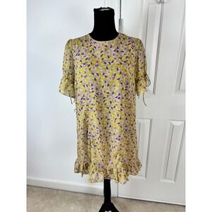 The East Order XS Yellow Purple Floral Ruffle Hem Mini Shift Dress Short Sleeve